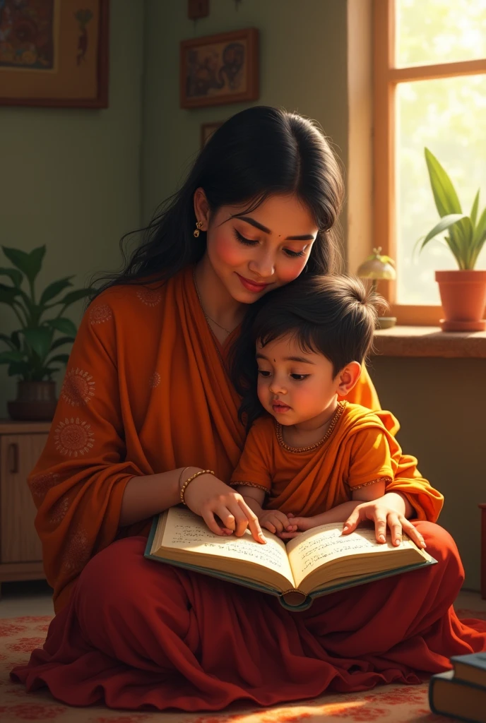 Draw a bengali mother helping her  to read