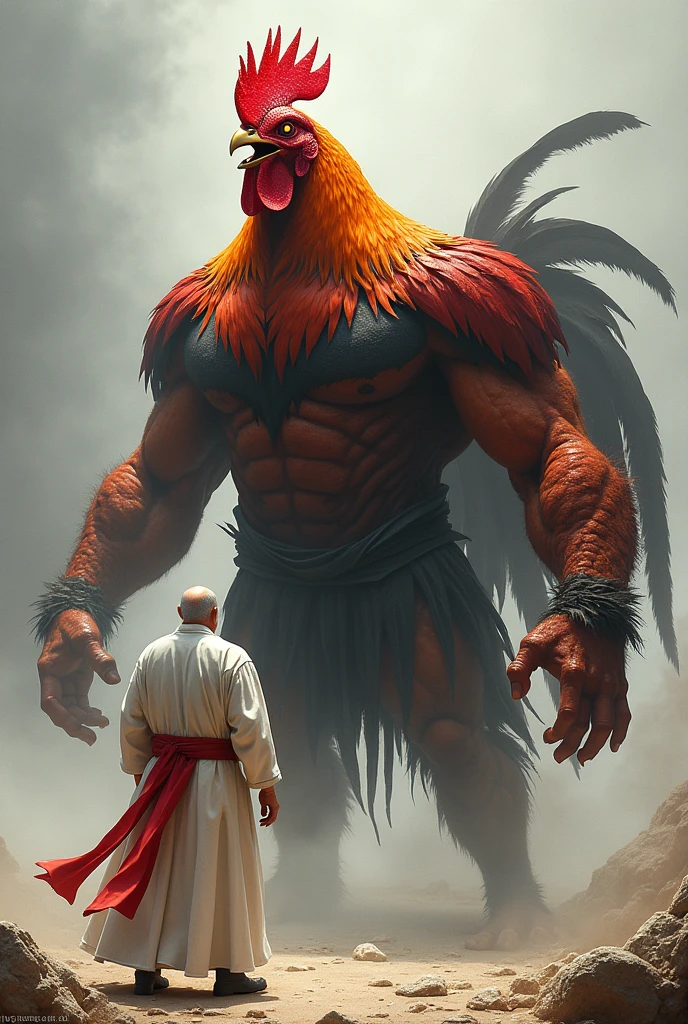 a strong and avenging Rooster with imposing muscles on the human body covered in feathers facing an old man with white clothes and red details without symbol