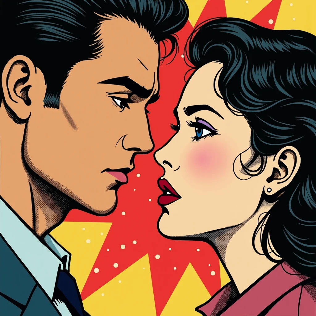 Creating a piece of pop art involves capturing bold colors, high contrast and a graphic style reminiscent of Roy Lichtenstein or Andy Warhol. man looking woman in the eye with look of amorous insecurity