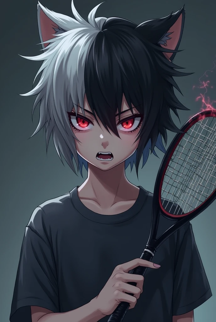 Teenager with a wolfish look and an evil expression on his face , Her hair is short, with a gradient and silver, and her racket emanates a gray aura in the shape of a flame.