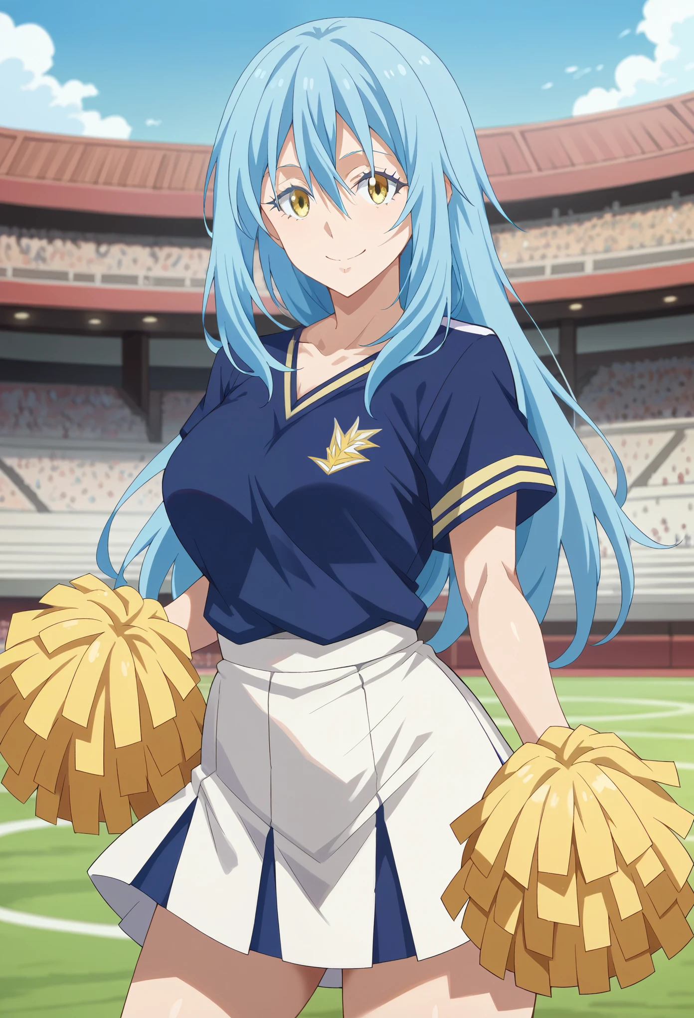 score_9, score_8_up, score_7_up, 1girl, solo, (mature:1.5),female focus, rimuru tempest, long hair, hair between eyes, blue hair, yellow eyes, cheerleader uniform, pom-poms, dark blue shirt, white skirt,breasts, smiling, standing,  bare legs, looking at you, coliseum