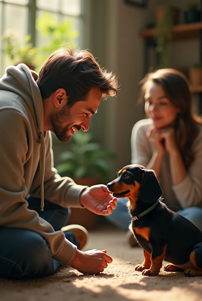 A man kneeling down, looking lovingly at a small black and brown Dachshund puppy. In the background, a woman is looking at them with a soft smile, her presence adding warmth and depth to the scene, highlighting the bond between man, woman, and dog. Realistic image