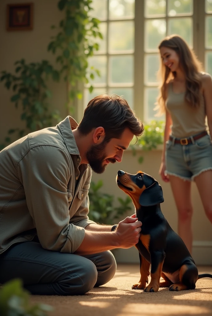 A man kneeling down, looking lovingly at a small black and brown Dachshund puppy. In the background, a woman is looking at them with a soft smile, her presence adding warmth and depth to the scene, highlighting the bond between man, woman, and dog. Realistic image