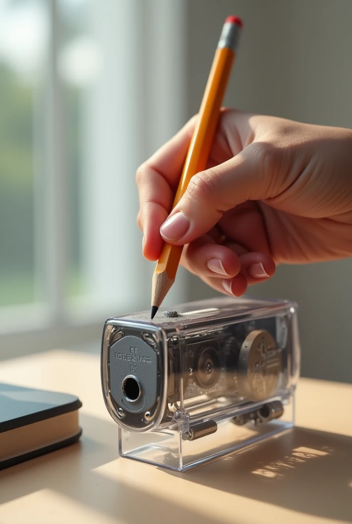 Generates a drawing of a pencil sharpener stuck to a table with a quote, A hand is sharpening a pencil with that pencil sharpener that is attached to the table.