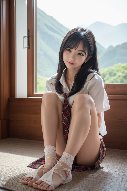 8k, RAW Photos, Highest quality, masterpiece:1.2), masterpiece, Highest quality, shape, Very detailed, The finer details, High resolution, 8k,wallpaper, Perfect dynamic composition,(High quality with attention to detail, Realistic depiction of eyes:1.3)、Hands tied、A woman tied up、Put your arms around my back, Tie your hands behind your back, Sitting with my feet together on the floor of a bright gym、Stand in front of each other with knees bent、with legs wide open,、Tartan Check Pleated Skirt、whole body、White panties are visible、The whole thing faces forward、２１talent、beauty、Well-formed face、Even out the eyes、Beautiful black hair、Bangedium Build、Balanced proportions、Beautiful feet、Short sleeve blouse、Fresh face、Beautiful views、smile、Big Tits 1.4