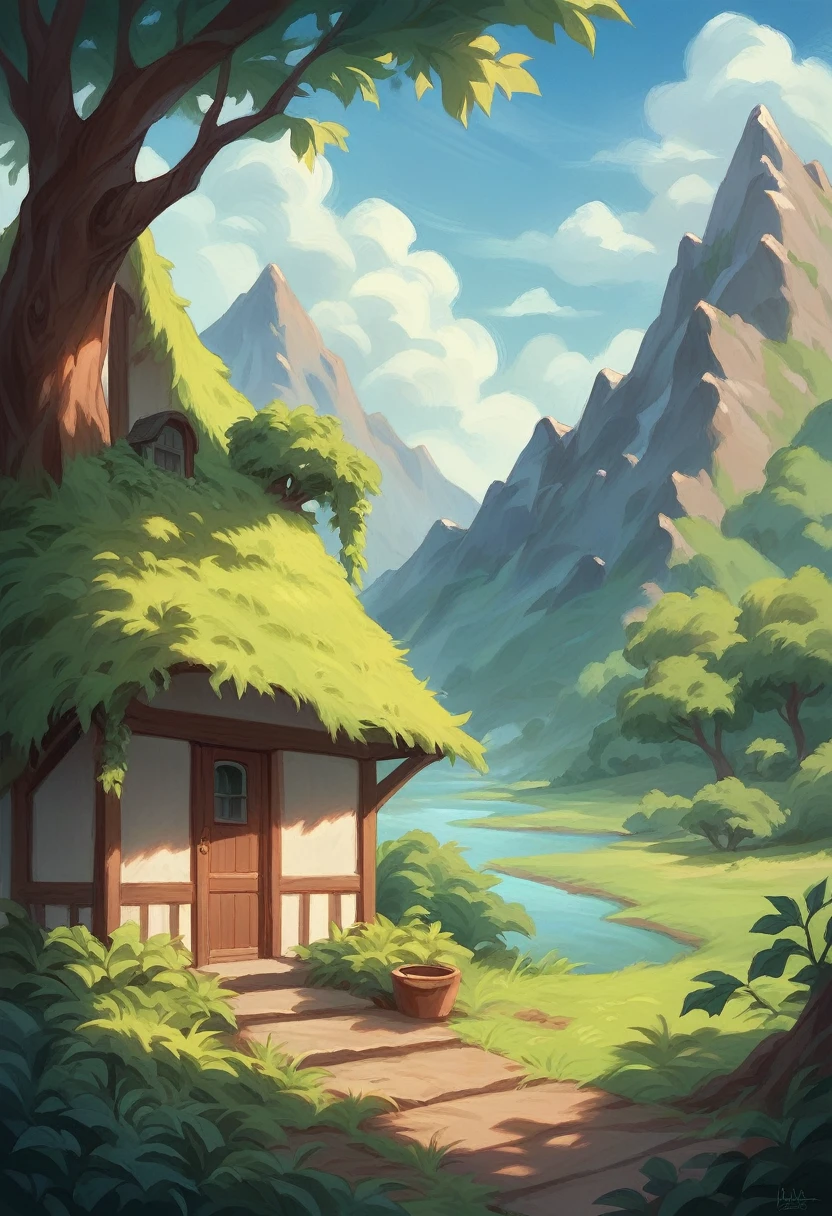 Close-up of a calm river, around it leafy trees and bushes, In the distance you can see a country house and a mountain in Latin America, oil painting, hanging from a painting in a colonial house, hyperrealistic, HD,