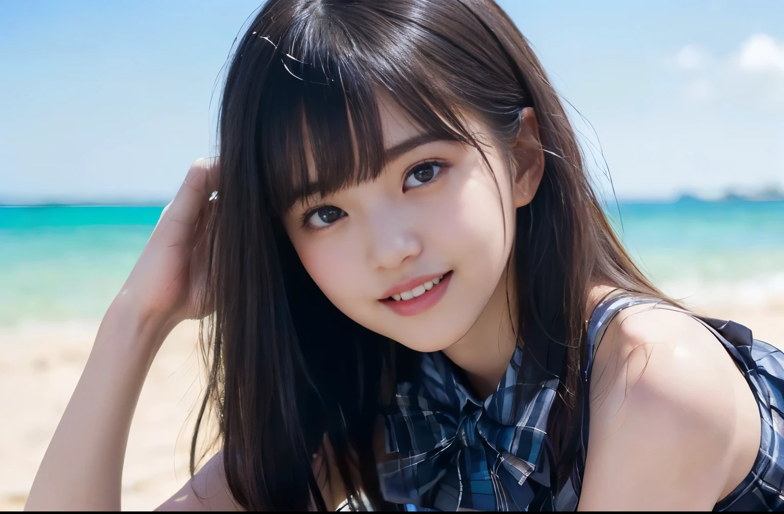 (Highest quality, masterpiece:1.2), Highest quality, Realistic, photograph, High resolution, 1080P, 8k, Physical Rendering, ((height: 155cm、Slim and slender style、medium firm chest)), ((((((Beautiful fashion models featured in Japanese fashion magazines。、Look directly at the viewer)))))), (((big, Very fine, Beautiful dark brown eyes))), ((((Everyone loves me、They are Laughter at me.!)))), Detailed fingers, (((length, Curled bangs))), ((((Very noble and cute eyes, Every detail is carefully drawn)))), ((double eyelid)), (((length eyelashes))), ((cute、Adorable、Adorable、Laughter、Laughter頬)), ((Pure white light hits my nose and cheeks. Her naked eyes and pale skin are beautifully white....(((((No makeup))))))、 (((((Her face is very expressive、With a noble smile。, so sweet, very smart))))), ((((A striking plain navy large school ribbon bow tie)))), ((((Beautiful long black hair fluttering in the wind)))), (((((((She rolled up her formal long pleated skirt, Blue and navy tartan check,))))))), ((((The size is a bit small、She lifted up her white sleeveless shirt with a gold emblem on it.., She shows off her beautiful small breasts.、Upper body nude)))), ((As elegant as a noble princess)), ((Girls exposing their breasts on the beach)), ((from before, Create a striking image..))((((((Very close))))))、((((((Summer memories of three high school girls)))))、Shortcut Straight Hair