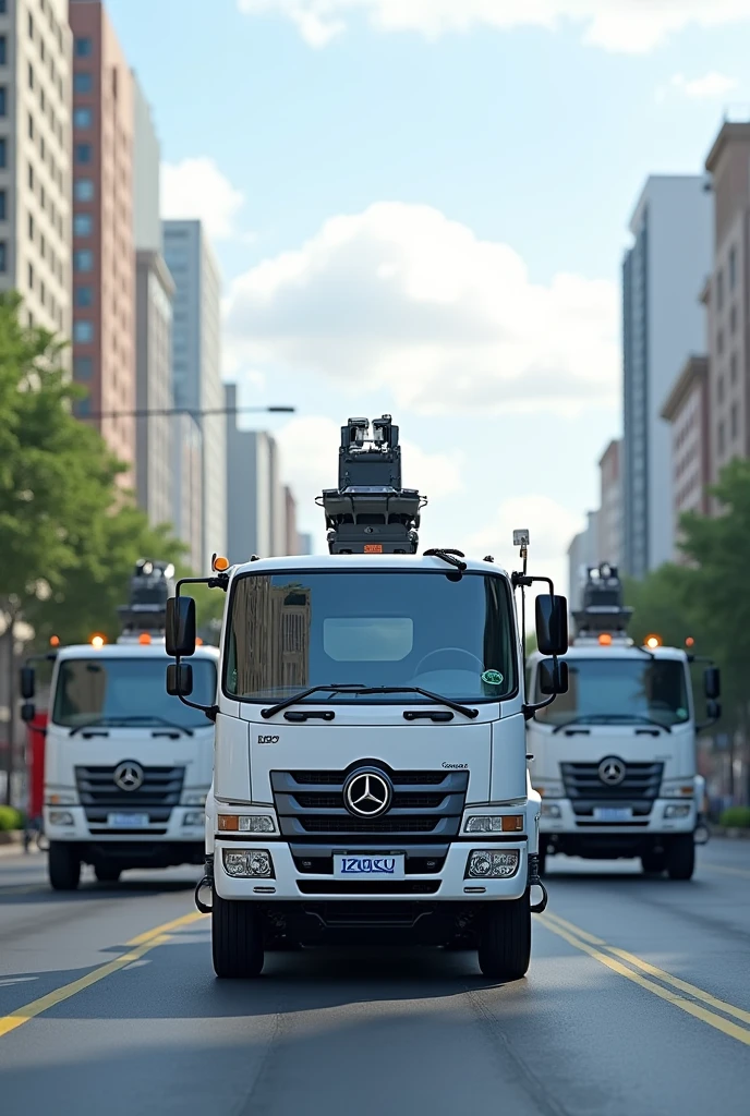 White Mercedes Benz and Isuzu crane trucks for transporting vehicles