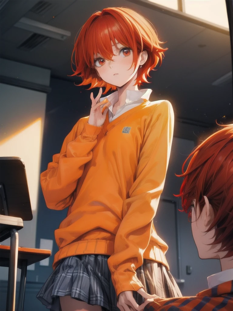 tomonanba, tomo nanba, short hair, (red hair:1.5), (red eyes:1.3), BREAK skirt, plaid, plaid skirt, sweater, long sleeves, shirt, white shirt, collared shirt, (orange sweater:1.5), BREAK indoors, classroom, BREAK looking at viewer, (cowboy shot:1.5), BREAK (masterpiece:1.2), best quality, high resolution, unity 8k wallpaper, (illustration:0.8), (beautiful detailed eyes:1.6), extremely detailed face, perfect lighting, extremely detailed CG, (perfect hands, perfect anatomy),