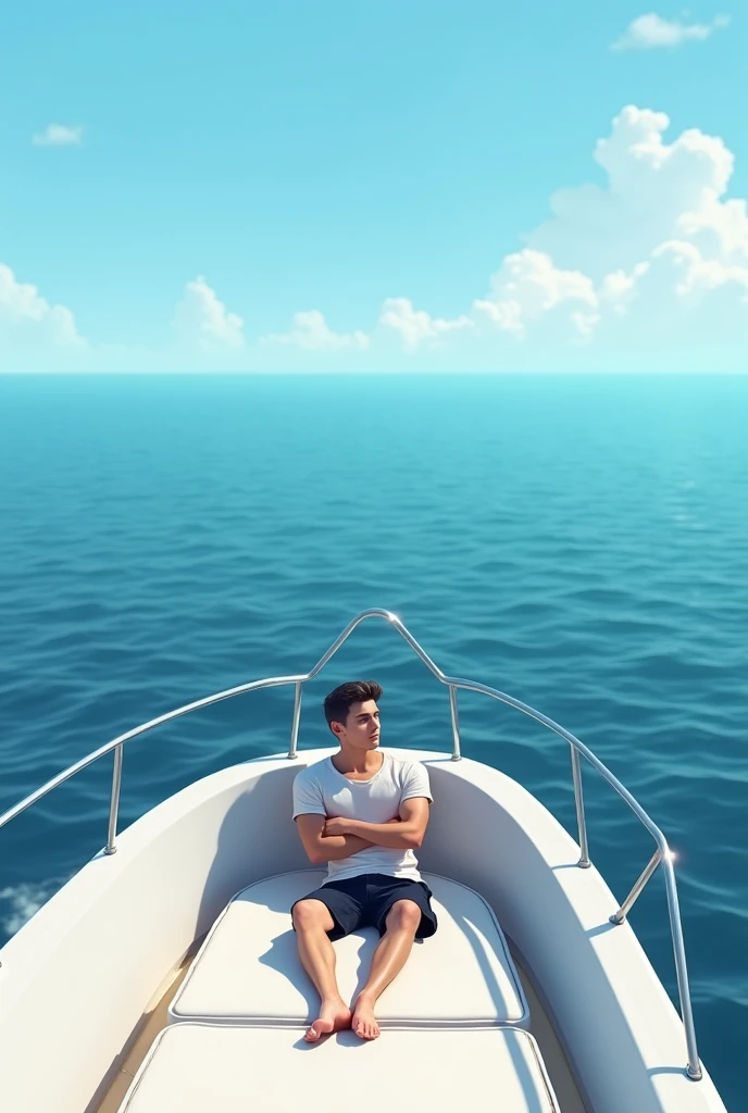 man (Not so big, something teenage) on a yacht looking at the horizon (arms crossed and lying on the shore)
