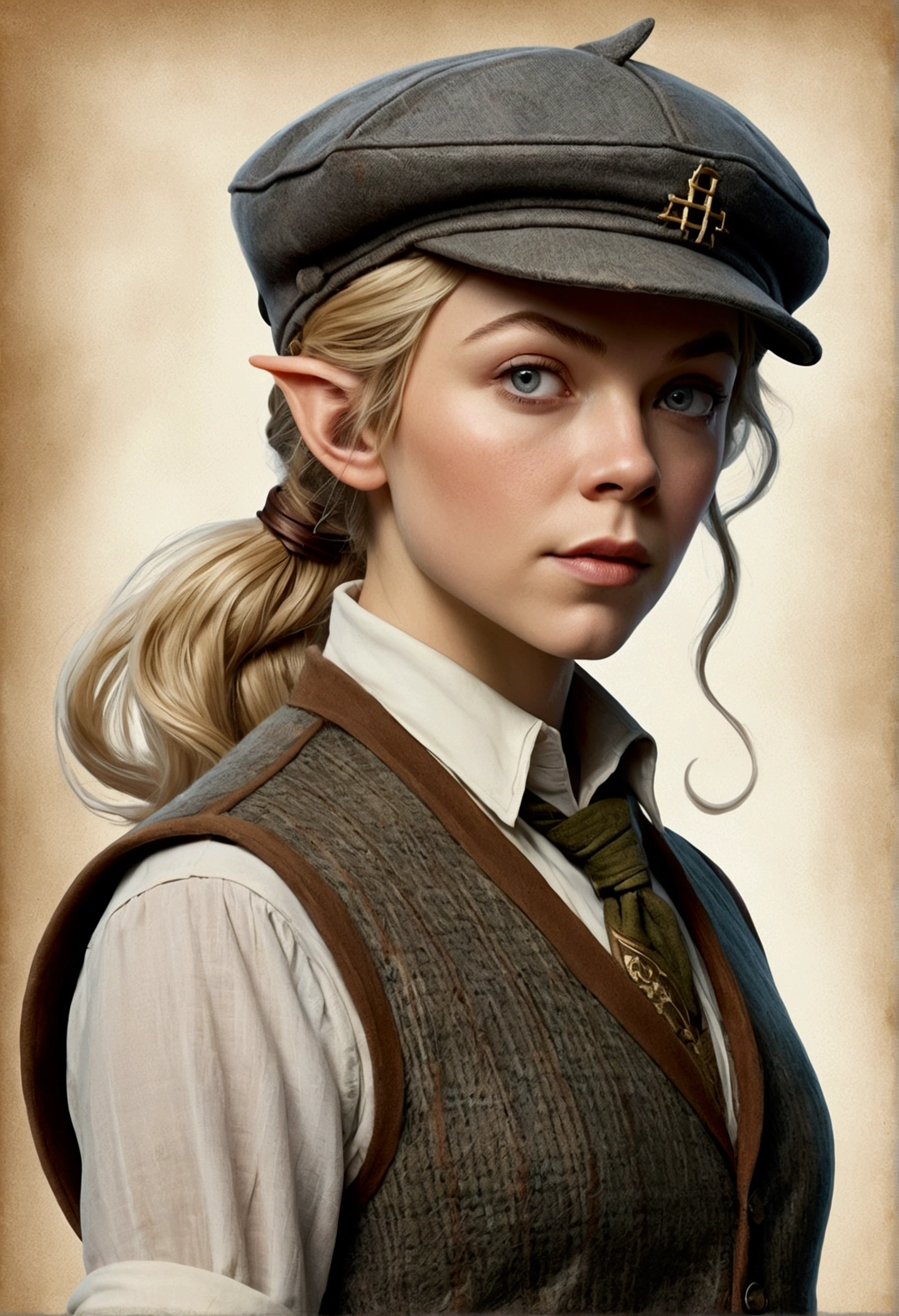 An illustrated movie poster, hand-drawn, full color, an elven maiden, wearing a tweed vest and a newsie cap, tall, toned, amazonian stature, athletic hourglass figure, long pointy elf ears, blonde hair, shaggy bob cut, deep sun-tanned skintone, freckles, resembles Natalie Dormer, standing on a foggy Victorian-era street corner, graphite shading, stencil marks, airbrushed acrylic paint, masterpiece, in the style of Sherlock Holmes, elf ears