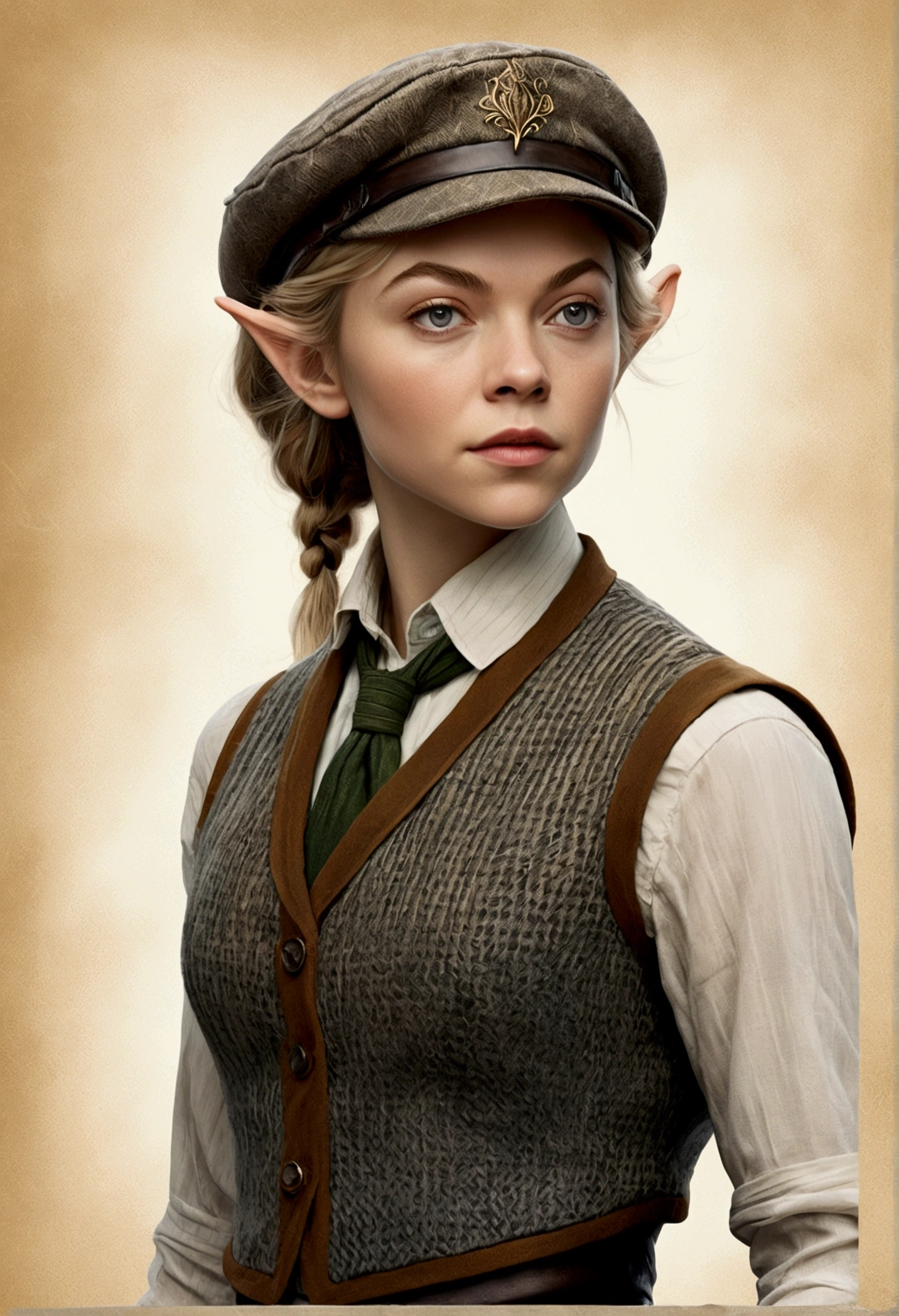 An illustrated movie poster, hand-drawn, full color, an elven maiden, wearing a tweed vest and a newsie cap, tall, toned, amazonian stature, athletic hourglass figure, long pointy elf ears, blonde hair, shaggy bob cut, deep sun-tanned skintone, freckles, resembles Natalie Dormer, standing on a foggy Victorian-era street corner, graphite shading, stencil marks, airbrushed acrylic paint, masterpiece, in the style of Sherlock Holmes, elf ears