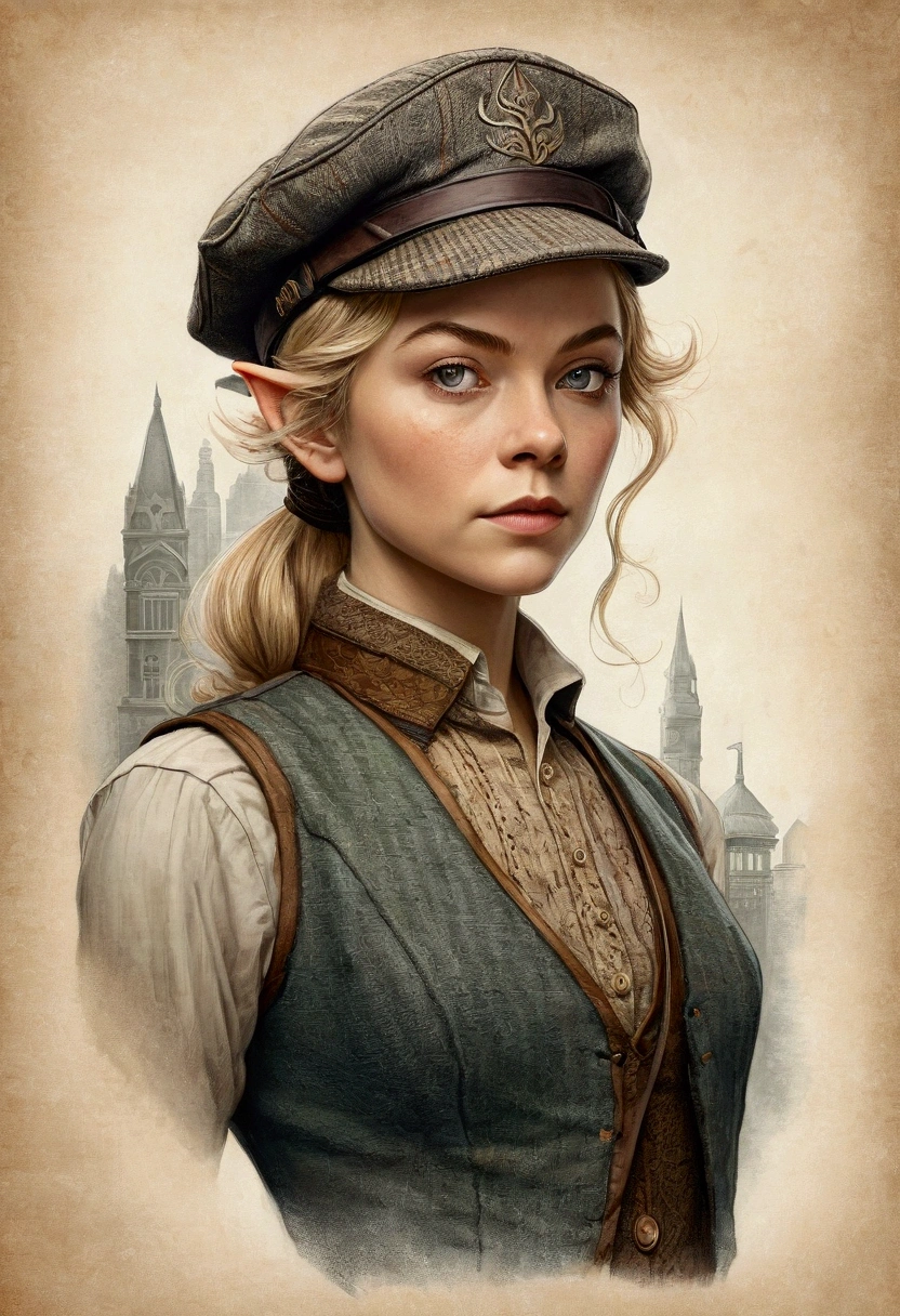 An illustrated movie poster, hand-drawn, full color, an elven maiden, wearing a tweed vest and a newsie cap, tall, toned, amazonian stature, athletic hourglass figure, long pointy elf ears, blonde hair, shaggy bob cut, deep sun-tanned skintone, freckles, resembles Natalie Dormer, standing on a foggy Victorian-era street corner, graphite shading, stencil marks, airbrushed acrylic paint, masterpiece, in the style of Sherlock Holmes, elf ears