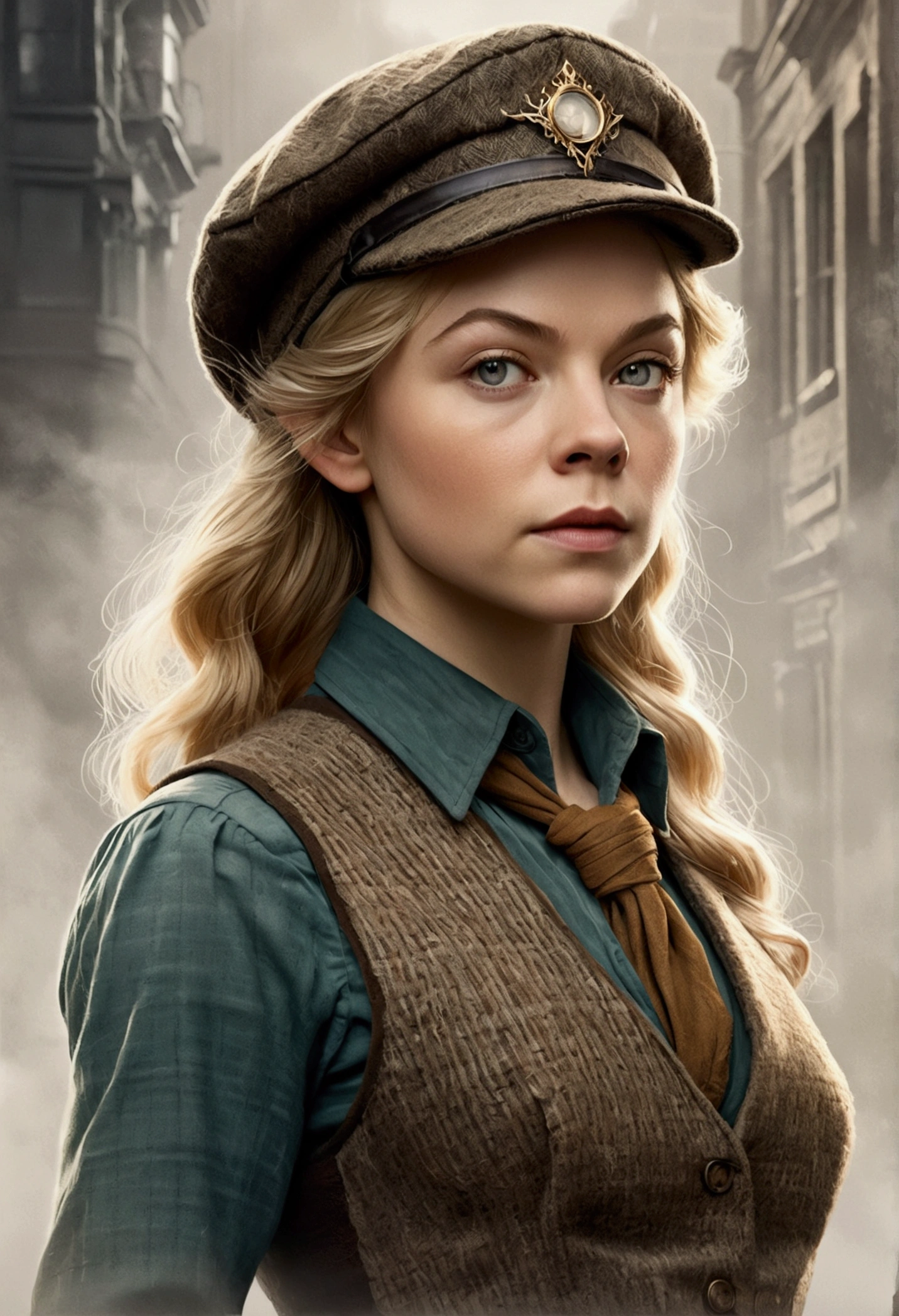An illustrated movie poster, hand-drawn, full color, an elven maiden, wearing a tweed vest and a newsie cap, tall, toned, amazonian stature, athletic hourglass figure, long pointy elf ears, blonde hair, shaggy bob cut, deep sun-tanned skintone, freckles, resembles Natalie Dormer, standing on a foggy Victorian-era street corner, graphite shading, stencil marks, airbrushed acrylic paint, masterpiece, in the style of Sherlock Holmes, elf ears