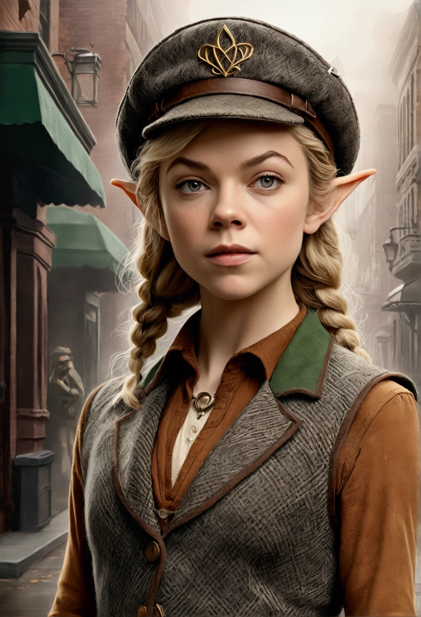 An illustrated movie poster, hand-drawn, full color, an elven maiden, wearing a tweed vest and a newsie cap, tall, toned, amazonian stature, athletic hourglass figure, long pointy elf ears, blonde hair, shaggy bob cut, deep sun-tanned skintone, freckles, resembles Natalie Dormer, standing on a foggy Victorian-era street corner, graphite shading, stencil marks, airbrushed acrylic paint, masterpiece, in the style of Sherlock Holmes, elf ears