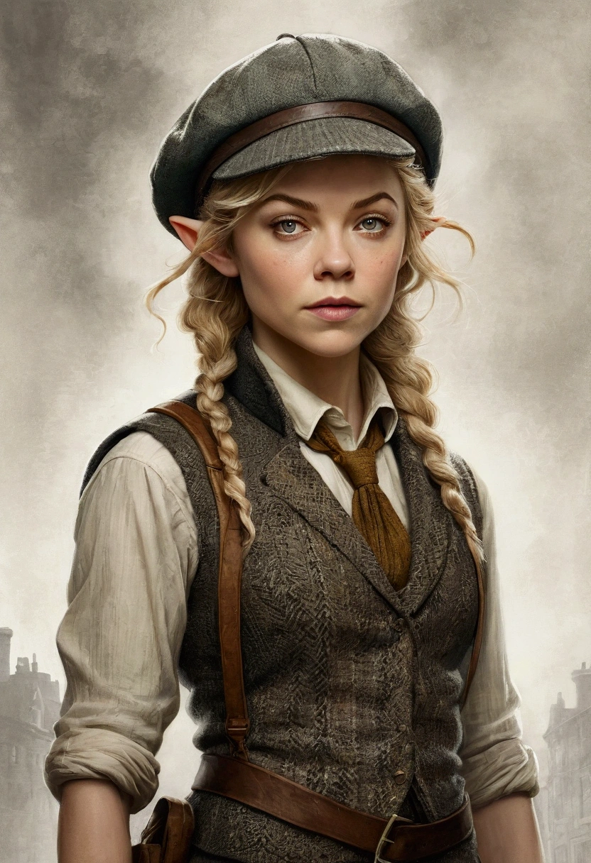 An illustrated movie poster, hand-drawn, full color, an elven maiden, wearing a tweed vest and a newsie cap, tall, toned, amazonian stature, athletic hourglass figure, long pointy elf ears, blonde hair, shaggy bob cut, deep sun-tanned skintone, freckles, resembles Natalie Dormer, standing on a foggy Victorian-era street corner, graphite shading, stencil marks, airbrushed acrylic paint, masterpiece, in the style of Sherlock Holmes, elf ears