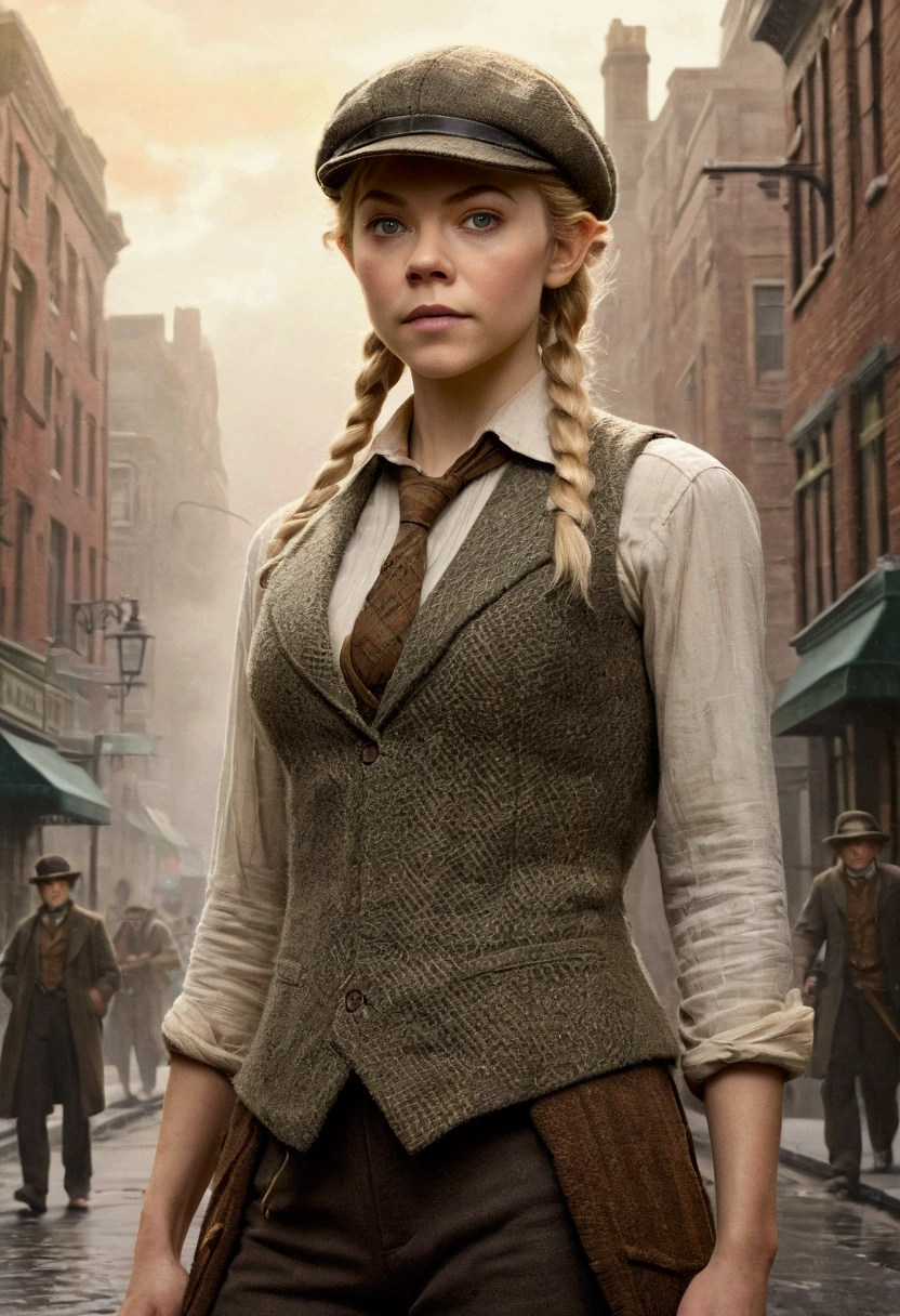An illustrated movie poster, hand-drawn, full color, an elven maiden, wearing a tweed vest and a newsie cap, tall, toned, amazonian stature, athletic hourglass figure, long pointy elf ears, blonde hair, shaggy bob cut, deep sun-tanned skintone, freckles, resembles Natalie Dormer, standing on a foggy Victorian-era street corner, graphite shading, stencil marks, airbrushed acrylic paint, masterpiece, in the style of Sherlock Holmes, elf ears
