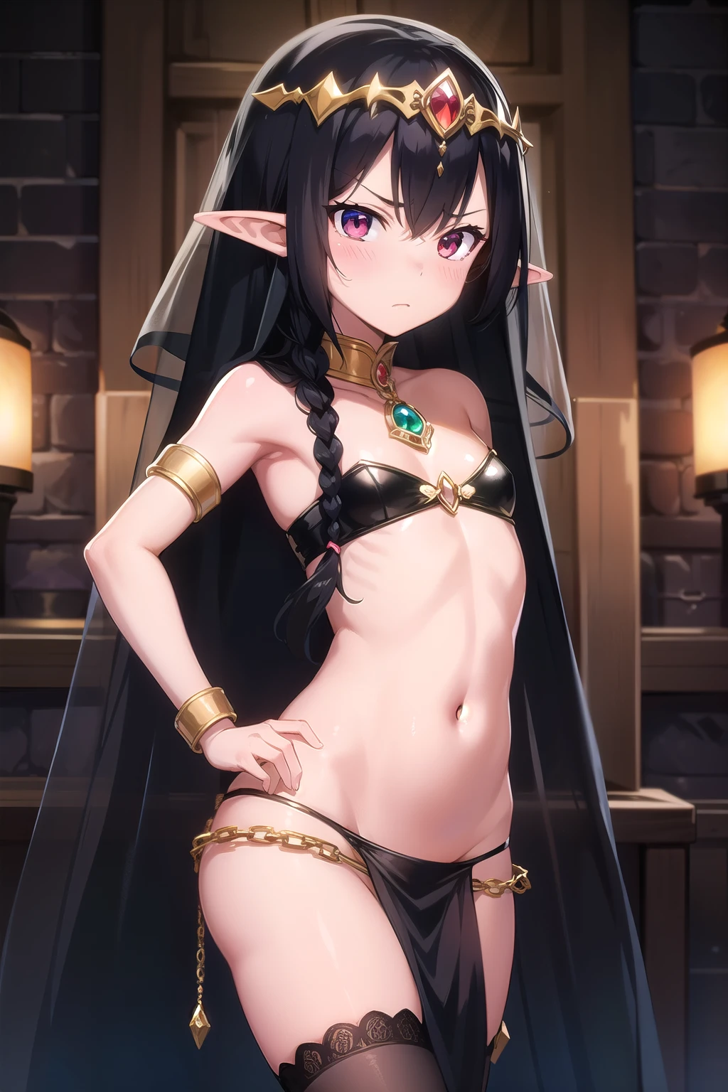 Ultra detailed , anime , elf girl ,angry face ,blush ,veil mouth ,dark skin , long black hair braided, frinje, skinny , flat chest, odalisque custome , metal collar, slave chains, elf slave, odalisque, in a dark dungeon. , pelvic curtain garterbelt lace stockings, belly dance, veil transparent , joias , sexy. Slaves chains .