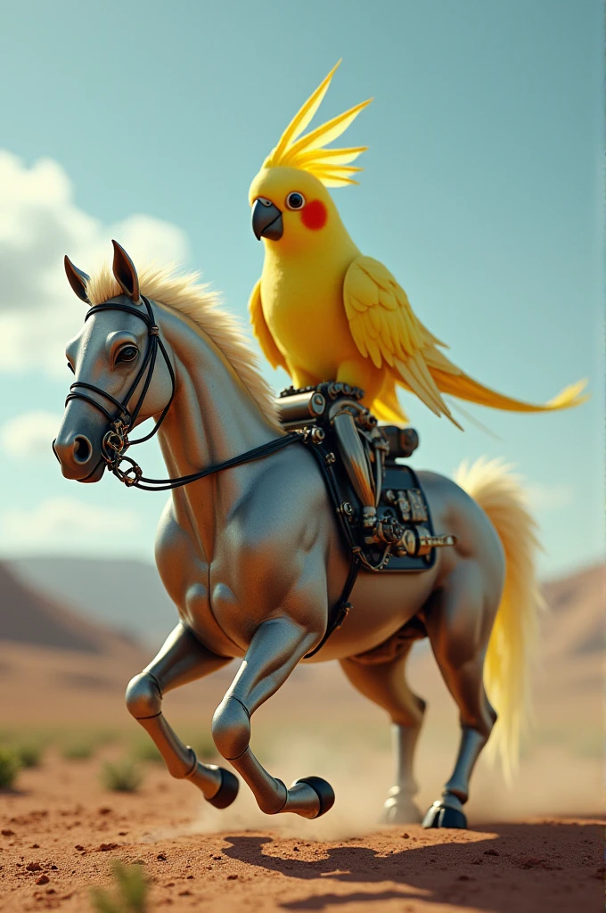 Cockatiel riding a gasoline-powered horse