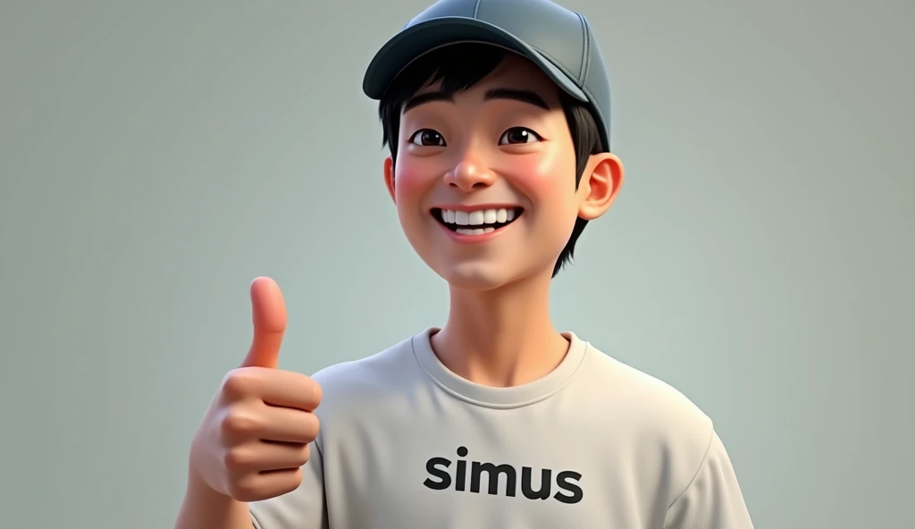 a man, fair skinned, slanted eyes, oval face, black hair, baseball cap, thumbs up, T-shirt with 'SiMus' written on the chest, 4d caricature, realistic, (best quality,4k,8k,highres,masterpiece:1.2),ultra-detailed,(realistic,photorealistic,photo-realistic:1.37),hyperrealistic,extremely detailed face and skin,extreme detail description,vivid colors,studio lighting,professional