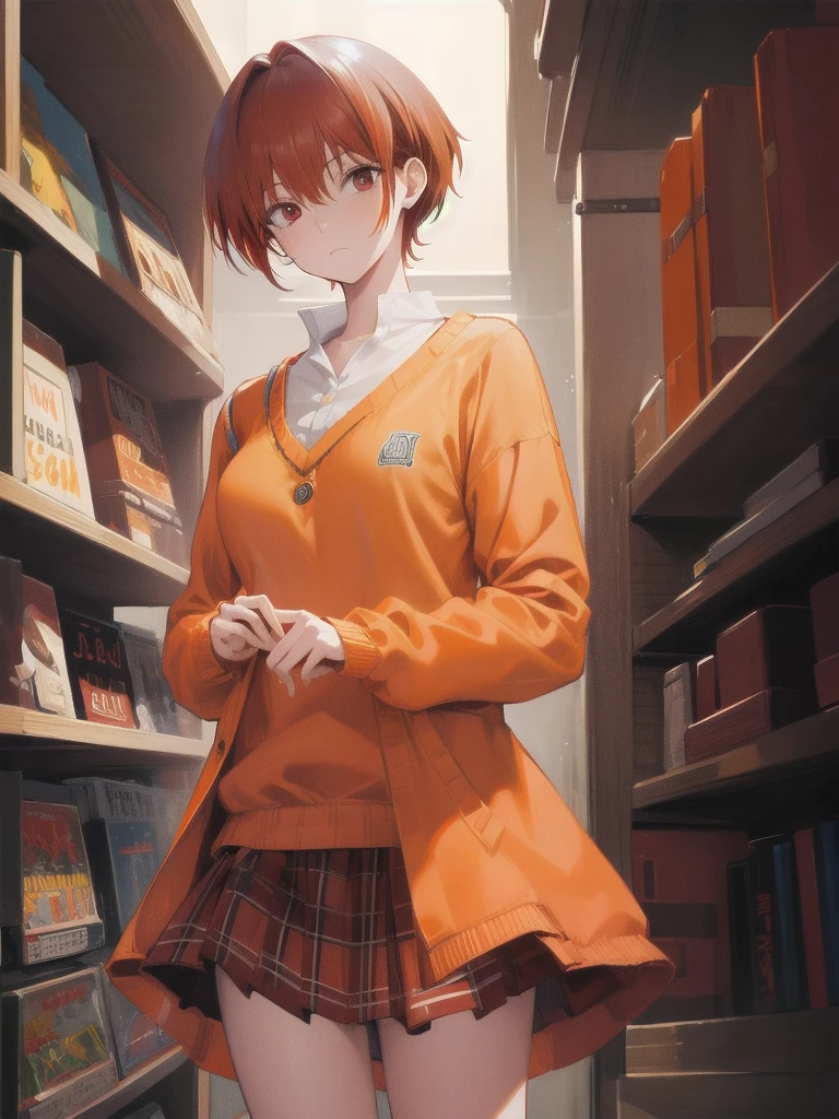 tomonanba, tomo nanba, short hair, (red hair:1.5), (red eyes:1.3), BREAK skirt, plaid, plaid skirt, sweater, long sleeves, shirt, white shirt, collared shirt, (orange sweater:1.5), BREAK indoors, classroom, BREAK looking at viewer, (cowboy shot:1.5), BREAK (masterpiece:1.2), best quality, high resolution, unity 8k wallpaper, (illustration:0.8), (beautiful detailed eyes:1.6), extremely detailed face, perfect lighting, extremely detailed CG, (perfect hands, perfect anatomy),