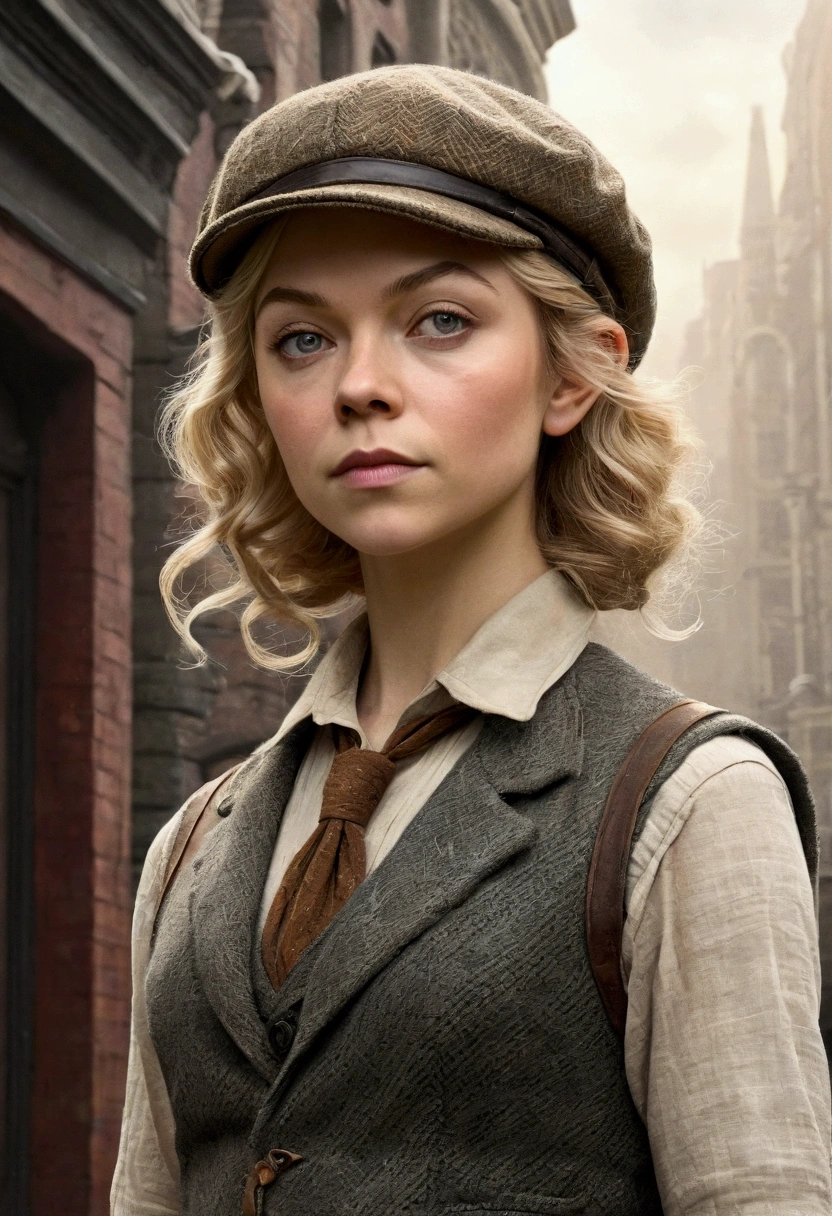 An illustrated movie poster, hand-drawn, full color, an elven maiden, wearing a tweed vest and a newsie cap, tall, toned, amazonian stature, athletic hourglass figure, long pointy elf ears, blonde hair, shaggy bob cut, deep sun-tanned skintone, freckles, resembles Natalie Dormer, standing on a foggy Victorian-era street corner, graphite shading, stencil marks, airbrushed acrylic paint, masterpiece, in the style of Sherlock Holmes, elf ears