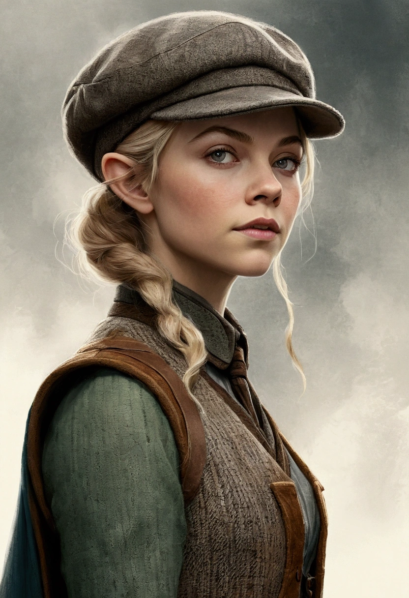 An illustrated movie poster, hand-drawn, full color, an elven maiden, wearing a tweed vest and a newsie cap, tall, toned, amazonian stature, athletic hourglass figure, long pointy elf ears, blonde hair, shaggy bob cut, deep sun-tanned skintone, freckles, resembles Natalie Dormer, standing on a foggy Victorian-era street corner, graphite shading, stencil marks, airbrushed acrylic paint, masterpiece, in the style of Sherlock Holmes, elf ears