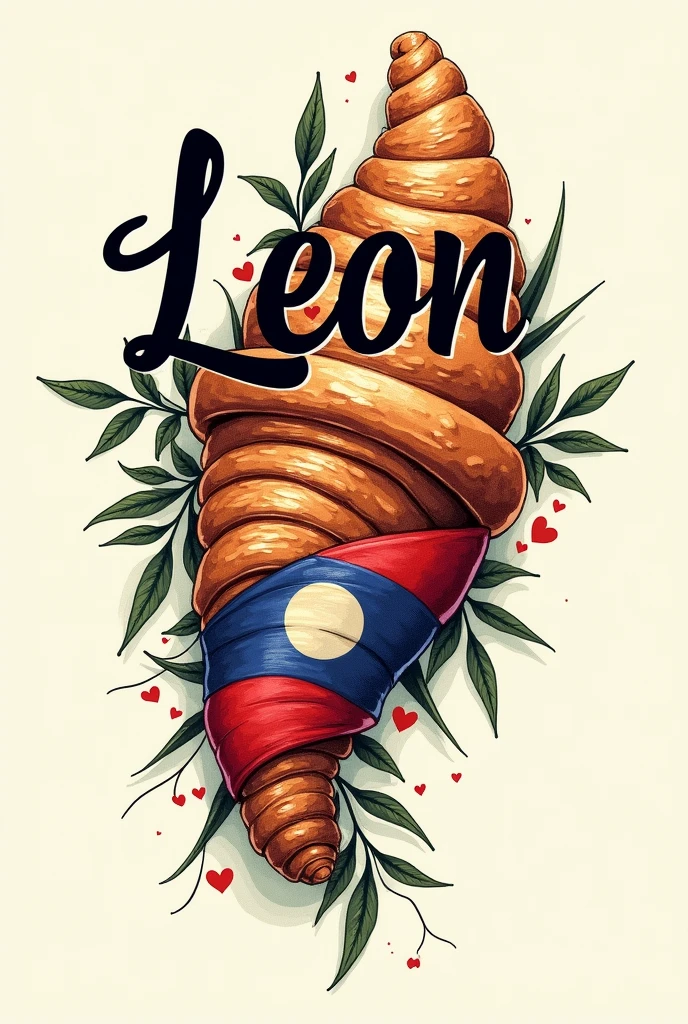 Draw a sketch of a tattoo design featuring the name LEON with a french croissant incorporated into the design and with a Laotian flag planted in the croissant