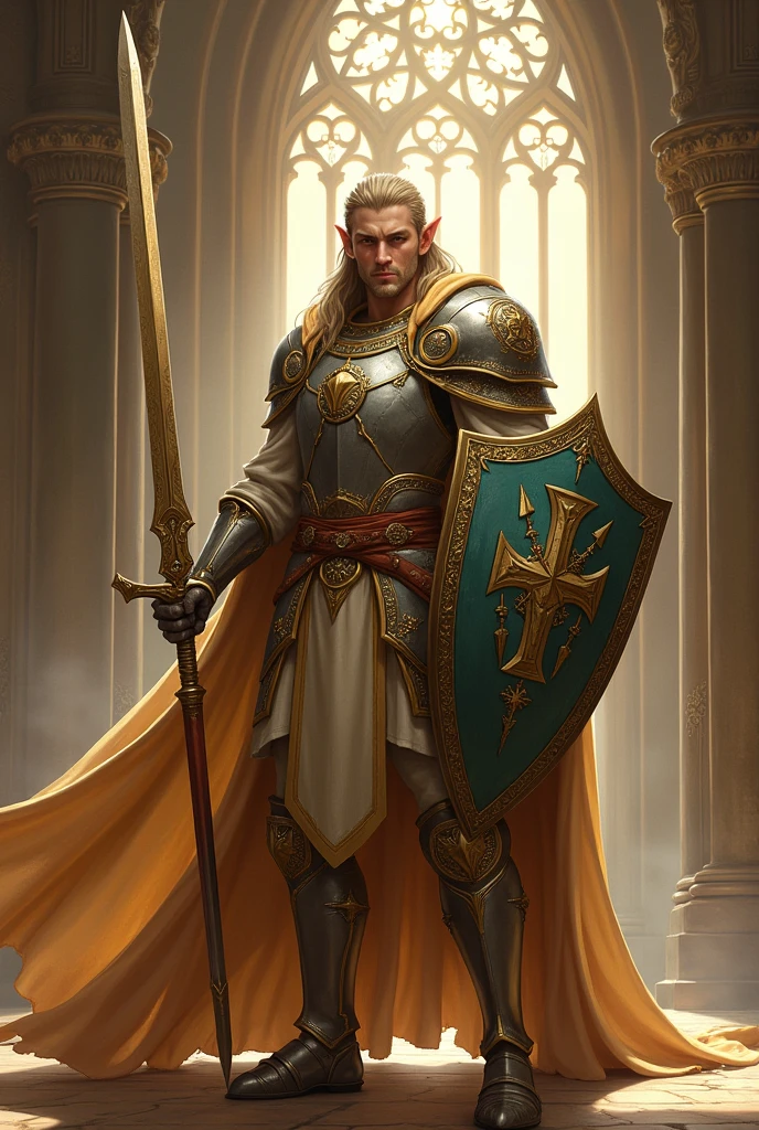 a holy looking male half elf paladin (Dungeons & Dragons), holding a sword and shield