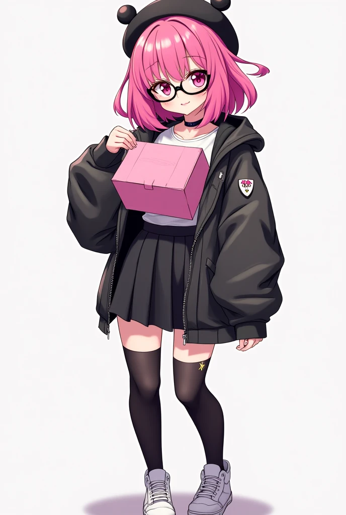 that she has a chest disease that is extremely daring, that she has pink hair, a black beret with pompoms, black glasses, pink eyes, an extremely blush, a pink censorship box, a short black skirt, black stockings, white sneakers, and that she is a girl