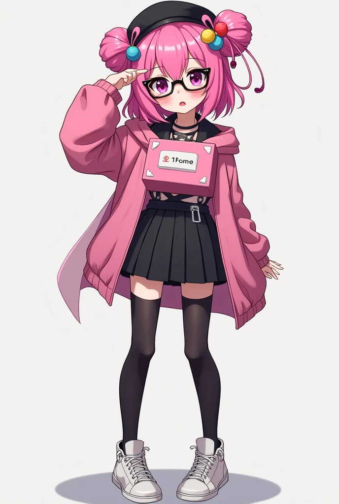 that she has a chest disease that is extremely daring, that she has pink hair, a black beret with pompoms, black glasses, pink eyes, an extremely blush, a pink censorship box, a short black skirt, black stockings, white sneakers, and that she is a girl