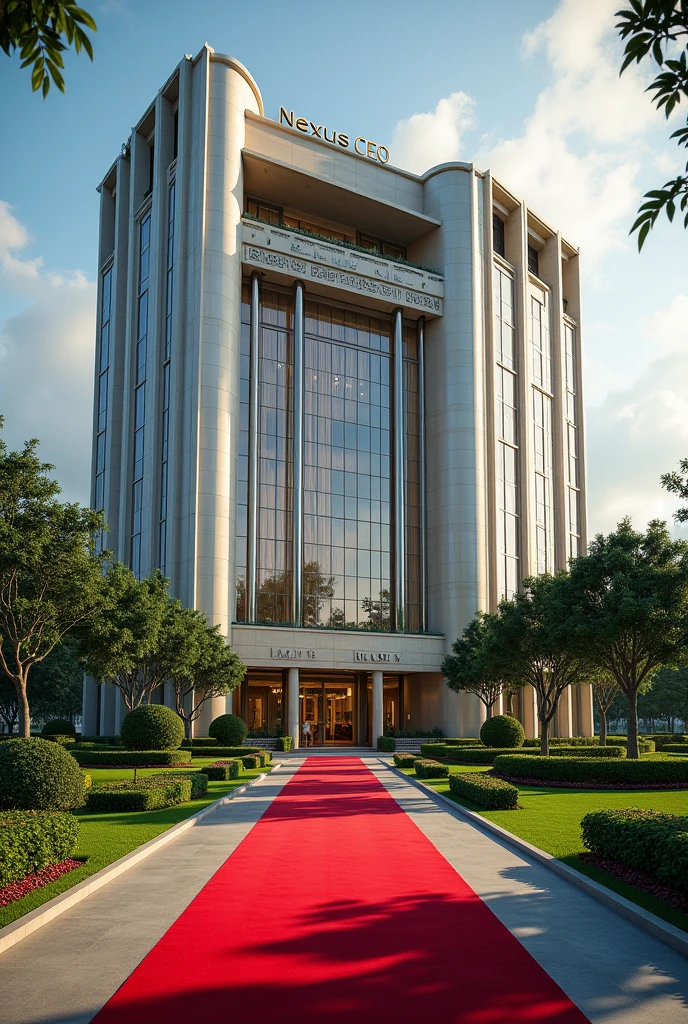 A luxurious, presidential standard company headquarters with the name NEXUS(CEO) on it and red carpet on entrance with Singaporean architecture,grass, flowers and on it's own space and compound where is the name NEXUS (CEO)