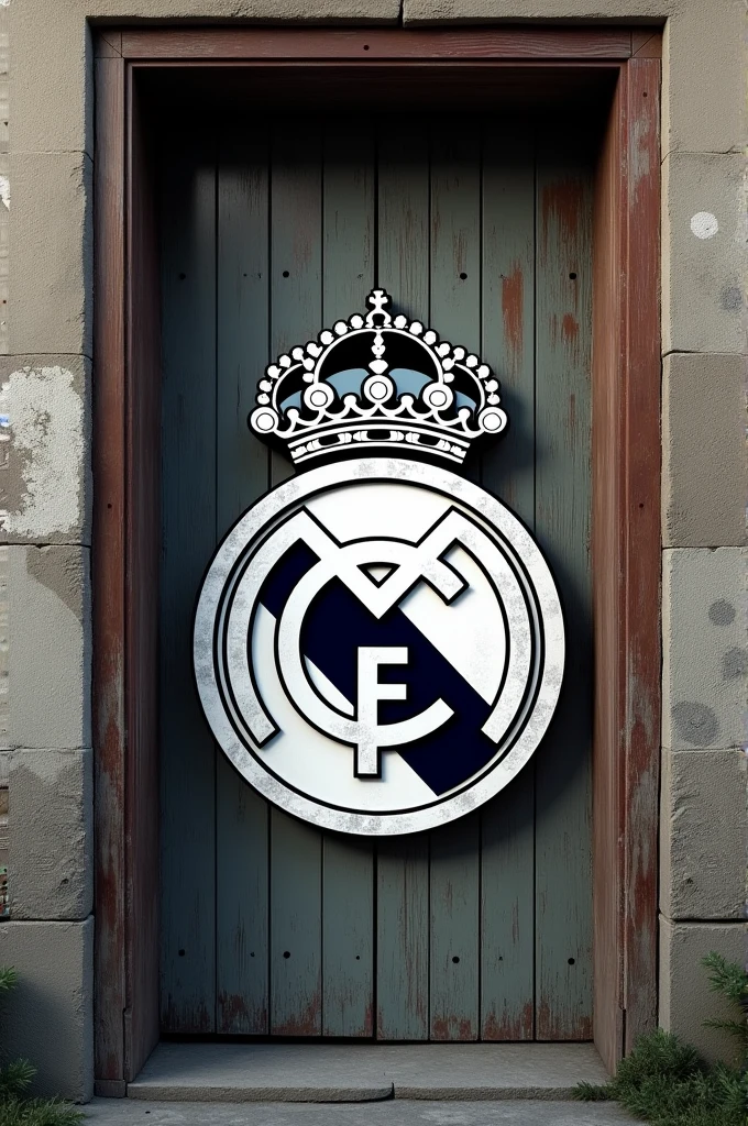 Real Madrid crest behind a wooden door 