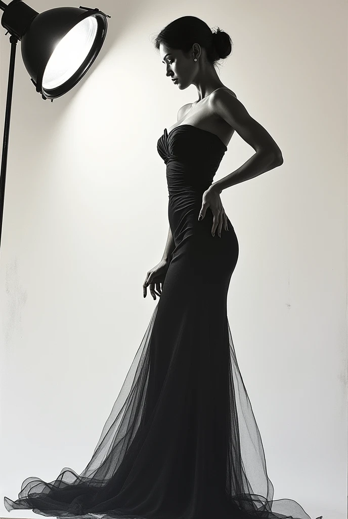 woman, glamorous dress, elegant pose, searchlight, Paper, charcoal drawing.