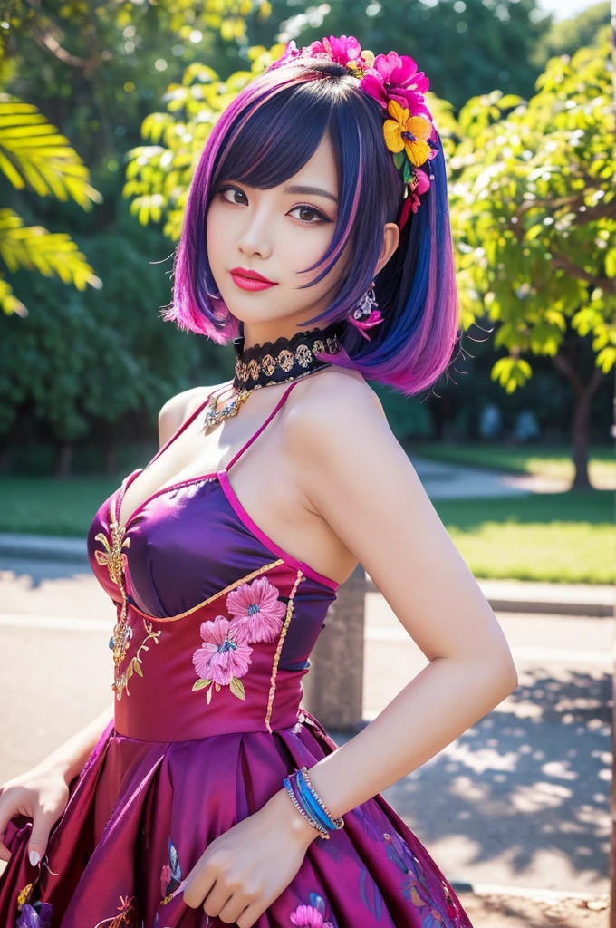 (masterpiece:1.4), (best quality:1.4), ultra high res, ultra high resolution, ((detailed facial features)), HDR, (realistic, photorealistic, photo-realistic:1.37), full body Esbian, sexy swedish model, (-anime), only 1 model, vivid colors, ((vivid colors multicolor (fuchsia, pink, light blue, purple) very short hair)), (seductive smile), lip-gloss, long lashes, defined eyebrows, wearing large sparkling colorful jewelery, wearing a red silk Paradise Kiss cosplay dress with black floral embroidery, ((vivid colors outfit)), vivid colors, look at the camera, cinematic light, large park background with trees, sweet and sexy pose