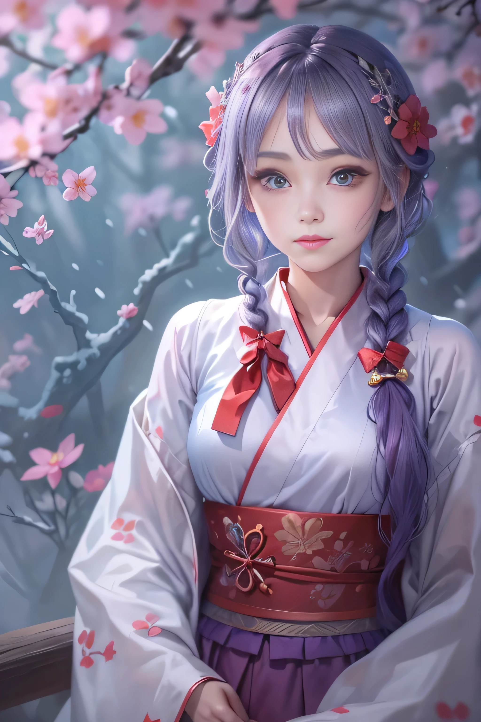 8k.Half Russian and half Japanese、Russian people faces、beautiful girl、PRİNCESS、、Small face、Young face、Big eyes、Skinny、Small breasts、(((Silver Hair、Silver Hair)))、With bangs、(((High resolution big beautiful light blue eyes, )))、Shortcuts、Bobcut、((Sailor suit))、(((Red ribbon in hair、Floral decoration)))、Partially braided、Bright purple Taoist robe with red bow tie, Hanfu long skirt, Big eyes, A masterpiece, an absolute beauty, 1 female, close. close, Healing Smile, Snow Scene, 4K quality, Twisted braid, Princess Hairstyle Princess Cut, Simple hair accessories, Plum blossom, people々Once you see it, you can't forget its beauty.