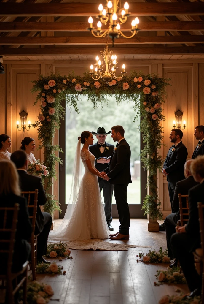 a wedding ceremony with a western theme, inspired by the series Yellowstone. The party was designed to imitate the oldest dance hall in Texas, or Green Hall, and the couple wanted an elegant western, with shades of worn leather and delicate lace