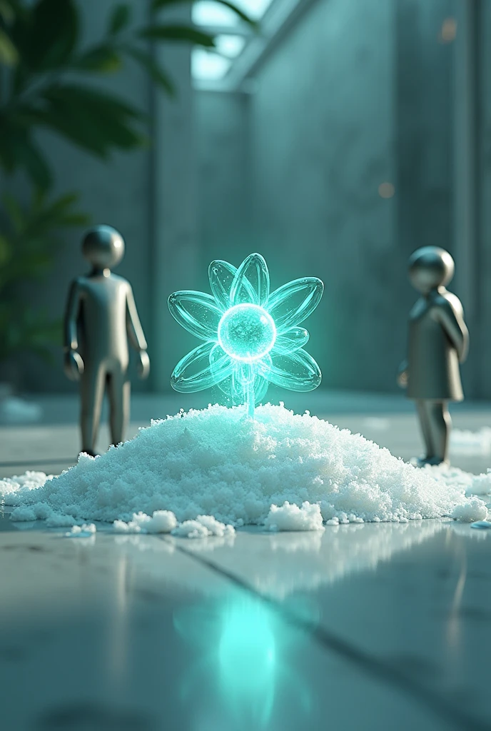 Comando: "Create a scene where Proton and Neutron, depicted as human-like characters with subtle sci-fi elements, are observing Chlorine (Cl) and Sodium (Na) coming together to form Sodium Chloride (NaCl), also known as table salt. The Chlorine and Sodium atoms are shown interacting, with a glowing bond forming between them to represent the creation of NaCl. Proton and Neutron watch curiously from a short distance, with a scientific and slightly futuristic atmosphere surrounding them