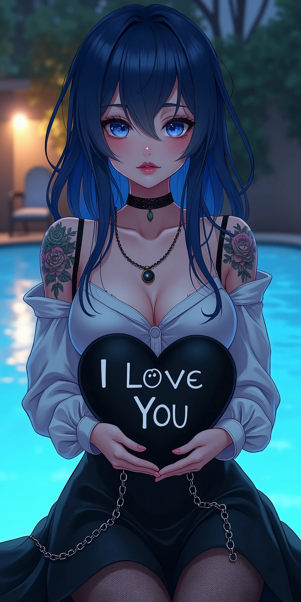 (best quality, ultra-detailed, photorealistic: 1.39), bright and vibrant colors, studio lighting, romantic expression, An effeminate girl, with a delicate and beautiful face. She is a girl who reflects seductive beauty, sparkling eyes, dark gothic makeup, dark gothic punk style, gothic healed woman, A Beautiful and adult tattooed woman and voluminous dark gothic blue hair, hair, crying a seductive 2 woman with big breasts seduces, matches the gothic makeup, pleasurable sadistic expression, with her large breasts seduces, gothic style dark gothic transparent long-sleeved white blouse, black bra, black leggings skirt with chain details, dark gothic style, blurred dark gothic makeup, chained, with her blue eyes that matches her soft smile, black gothic style, in a beautiful pose demonstrating her seduction by the pool, posing, holding a black heart pillow with I Love You SeaArt , night with soft lighting, anime style, like a manwha character