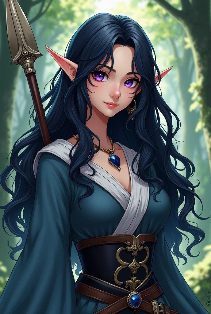 manga art, long black haired anime woman, curly,with white highlights, with purple eyes,wearing medieval clothing, with a dark blue necklace around his neck and elf ears in the middle of a forest with a spear on his back and a kind smile