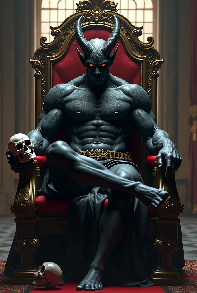 (photorealism:1.2), beautiful Imagine a black demon with red eyes in 3D with a serene face but a challenging look, strong and slender body staring straight ahead, while holding a skull in his left hand, while holding one leg crossed in a masculine manner, His throne is majestic, impeccable, infernal and has the word LOKO engraved on the top. 