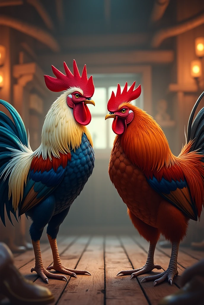Blue Rooster vs Red Rooster; village inn; dark colors