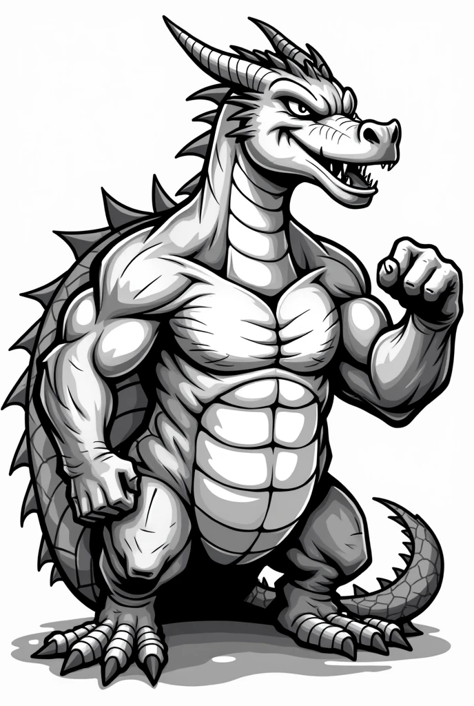 Create me a picture of a dragon with a happy expression, but rude, showing his muscles, minimalist to print on a shirt that is black and white the image