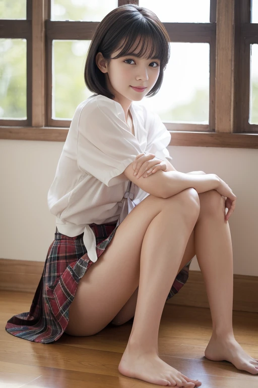 8k, RAW Photos, Highest quality, masterpiece:1.2), masterpiece, Highest quality, shape, Very detailed, The finer details, High resolution, 8k,wallpaper, Perfect dynamic composition,(High quality with attention to detail, Realistic depiction of eyes:1.3)、Hands tied、A woman tied up、Put your arms around my back, Tie your hands behind your back, Sitting with my feet together on the floor of a bright gym、Stand in front of each other with knees bent、with legs wide open,、Tartan Check Pleated Skirt、whole body、White panties are visible、The whole thing faces forward、２１talent、beauty、Well-formed face、Even out the eyes、Beautiful black hair、Bangedium Build、Balanced proportions、Beautiful feet、Short sleeve blouse、Fresh face、Beautiful views、smile、Big Tits 1.4
