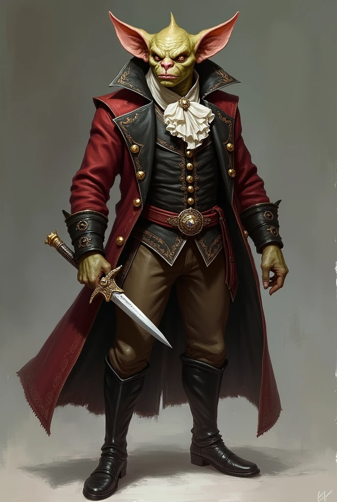 male hobgoblins, 5'7" thin, rogue wearing aristocrat's clothing holding a dagger.