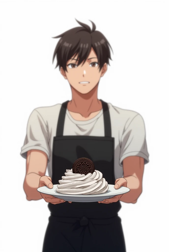 Man in black apron holding plate with Oreo cream Anime White background