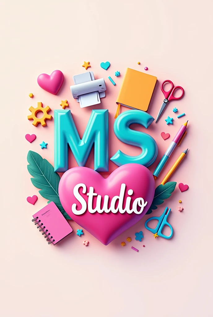 A logo with a pastel colored background, with the initials MS and below the initials the word " Studio " a pink heart, with vibrant colors. With printer design, agenda, scissors and several pink hearts. Pixar animation style