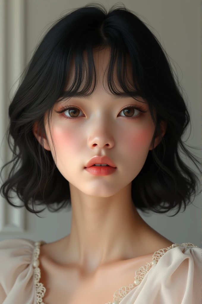 Curated model with realistic skin and black hair with bangs on the forehead
