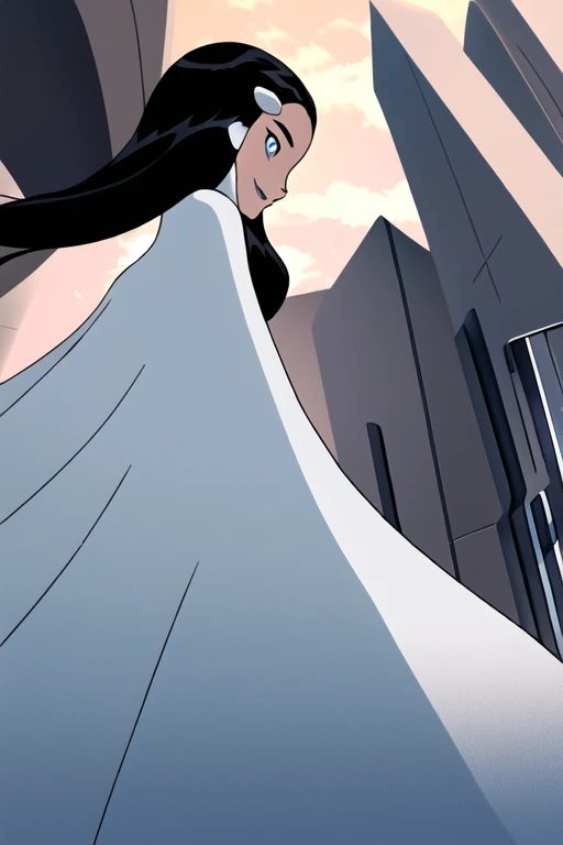 Tinya Wazzo, solo,black hair, long hair. grey eyes, smile, grey lips, white cape, best quality, masterpiece, 1girl, Masterpiece, Best Quality, Detail, From Behind, From Below, cape in behind, body capes, cape in front, waking, cape on ground