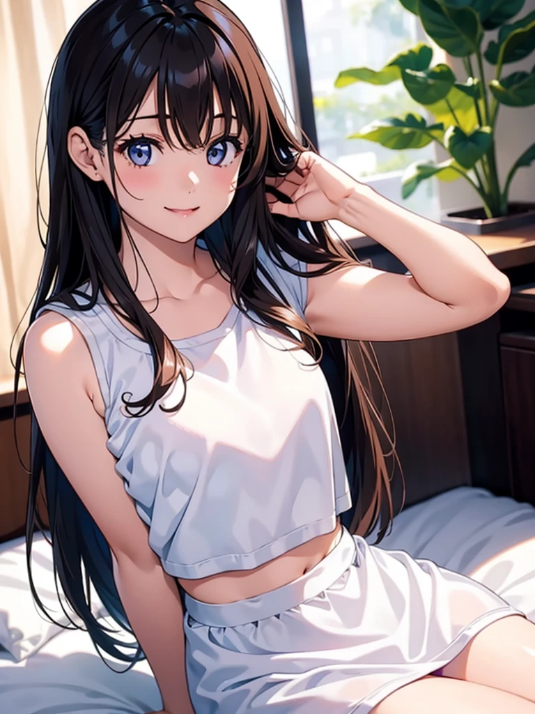 Girl, cute, kawaii, from chest to head, looking at you, smiling, straight hair, long hair, black hair, sitting in a feminine pose, bedroom, morning, sunny, light streaming in, sunlight, bra top